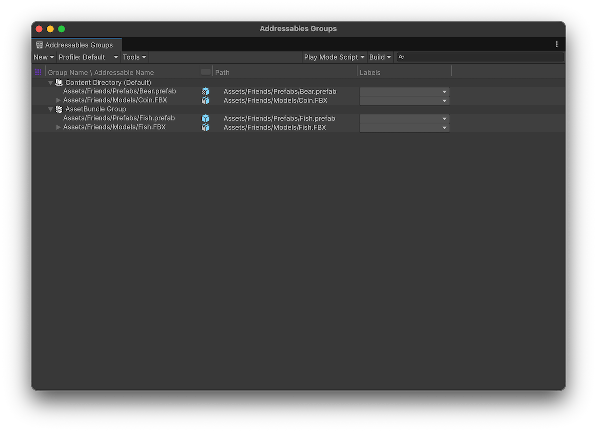 The Addressables Groups window showing the toolbar and list of groups and assets.