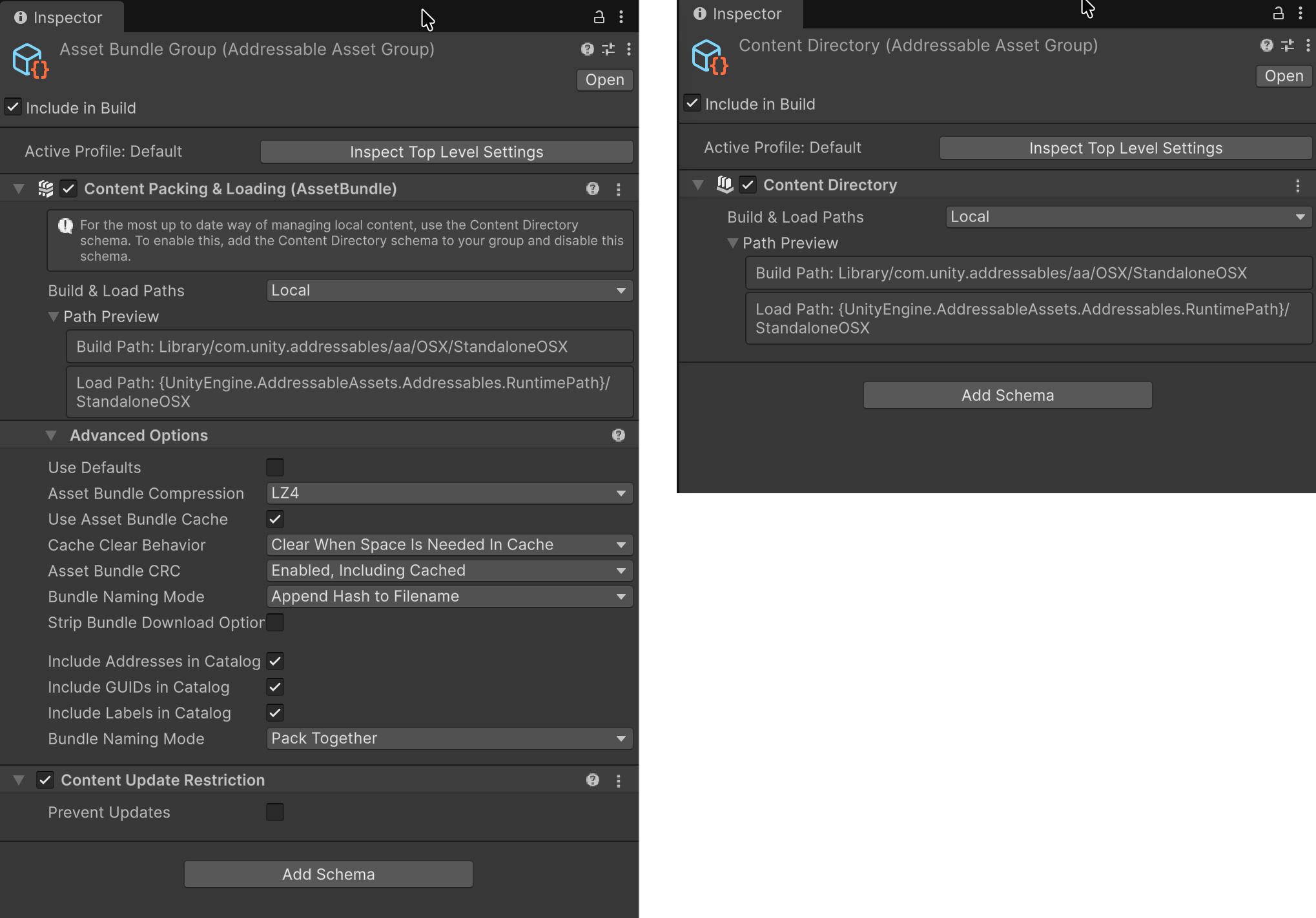 The Inspector window for a group using the Content Packing & Loading schema (left), and the Content Directory schema (right).