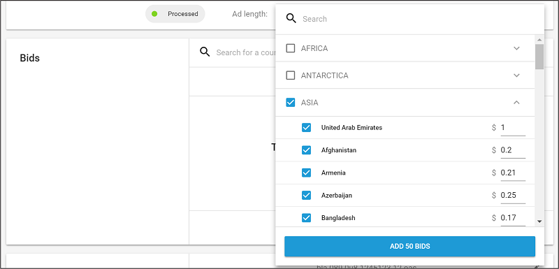 Specifying bid values by region and country.