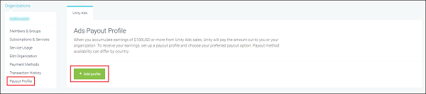 Adding a payout profile on the Unity ID dashboard.