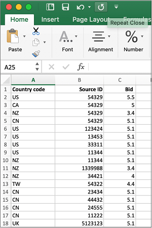 A populated source bids template.