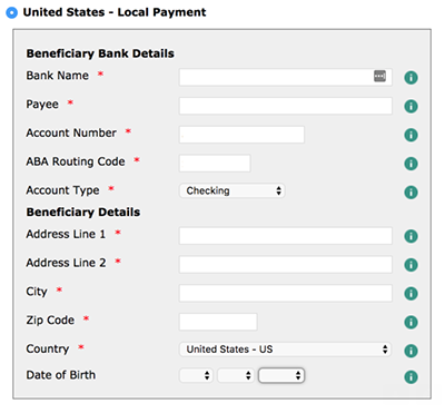 Example banking information form for international transfers.