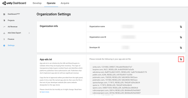 app-ads.txt settings in the Operate dashboard.