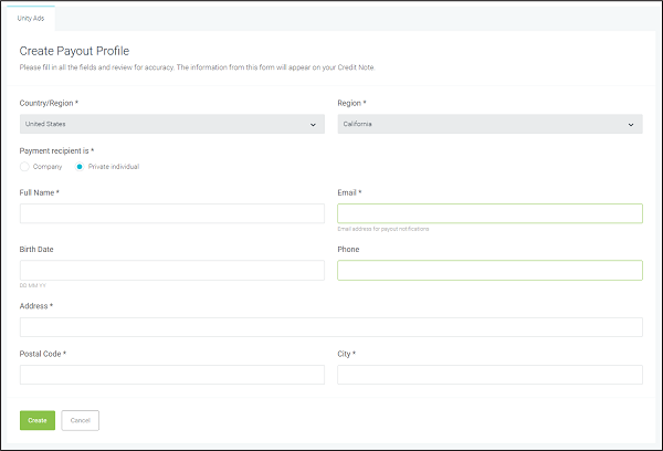 Populating payout profile information on the Unity ID dashboard.