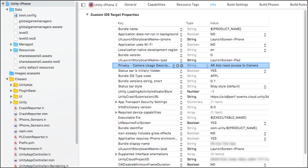 Configuring the Camera Usage Description key in the Properties List