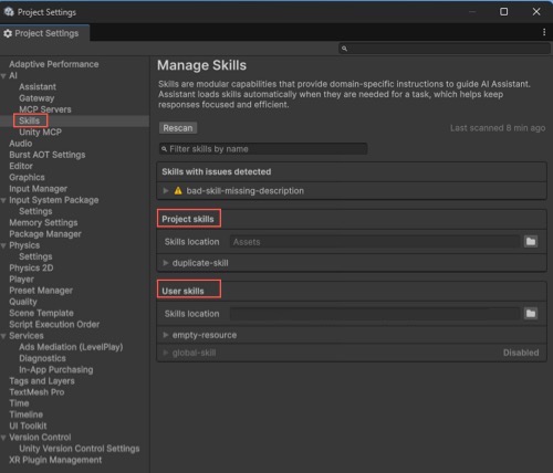 Manage Skills page showing the two skill groups