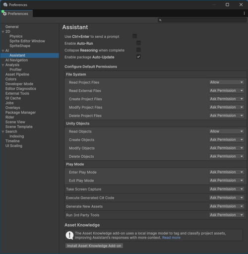 Assistant Preferences window