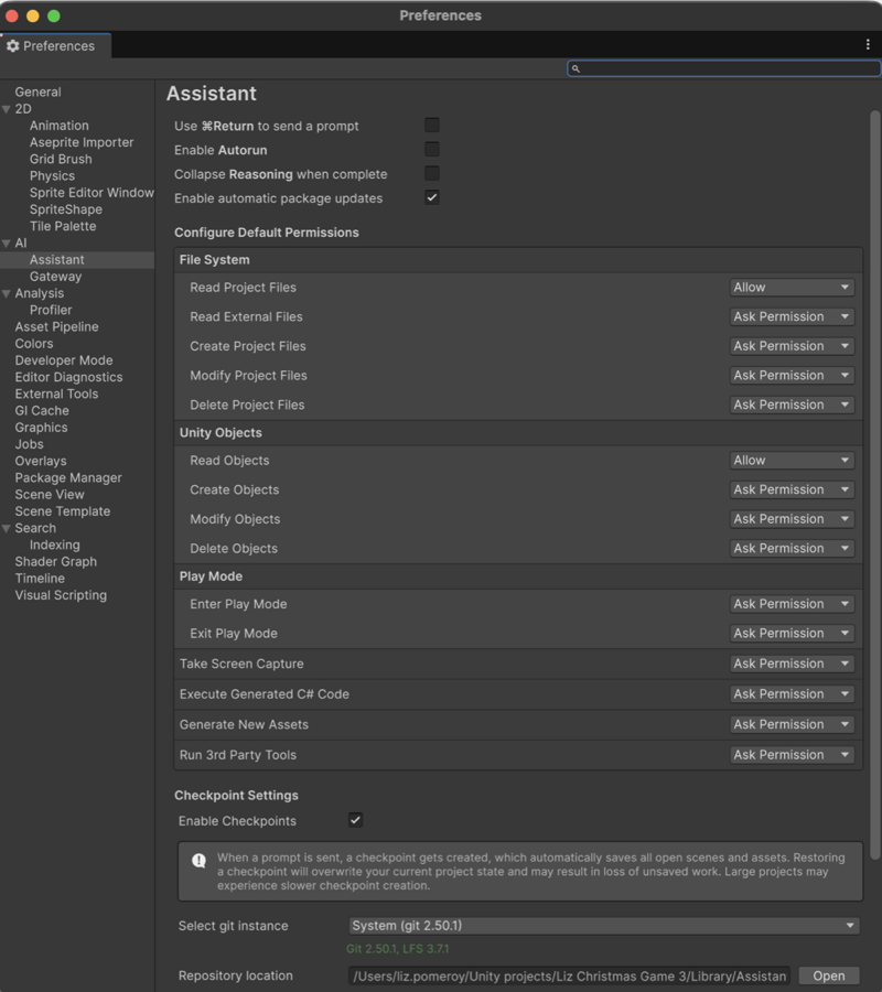 Assistant Preferences window