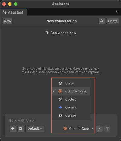 Assistant window with Claude Code selected