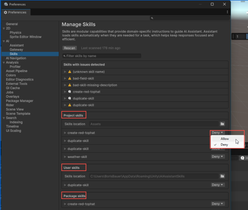 Manage Skills page showing the skill groups