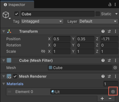 Inspector window with the Object Picker icon