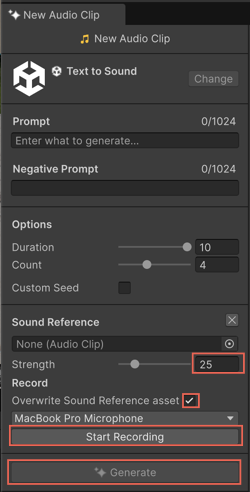 Generate window with fields to record a sound