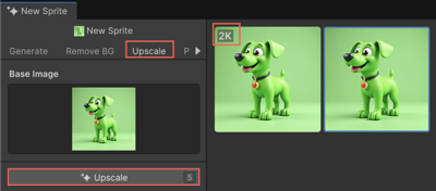 Sprite Generator Upscale tab shows two green cartoon dog sprites, with a 2K badge on the upscaled version.