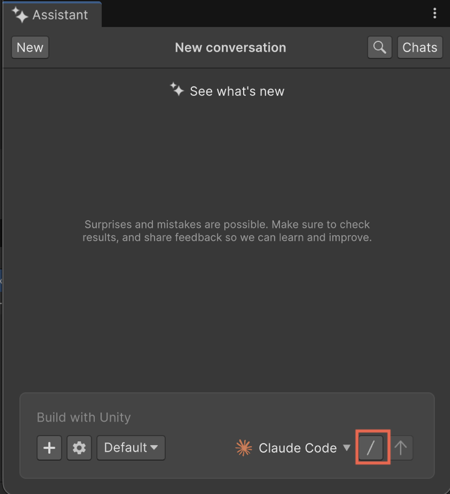 Assistant window showing slash menu