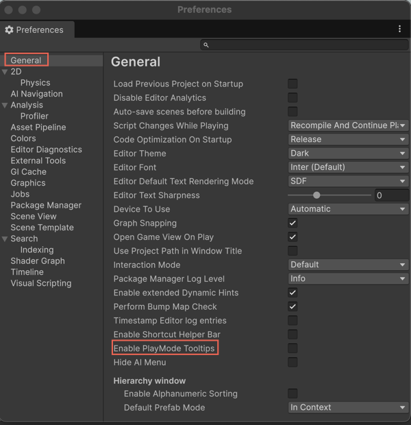 Preferences window showing the Enable PlayMode Tooltips option