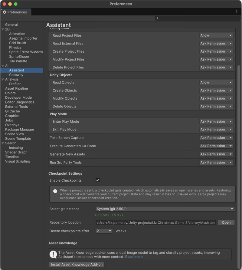 Assistant Preference window showing the Checkpoint Settings section