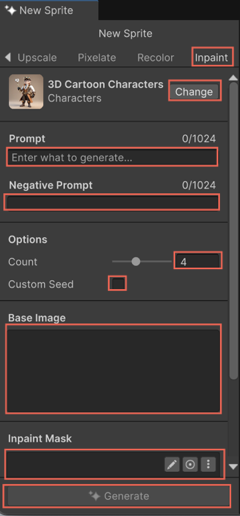 Inpaint tab with fields to mask the sprite