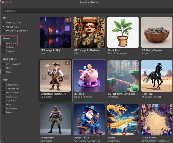 Select AI Model window with models, one marked as a favorite with a yellow star.