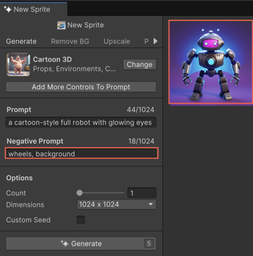 Generator window with the specified negative prompt and the generated sprite
