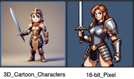 Images of female warrior generated with the 3D Cartoon Characters and 16-bit Pixel models