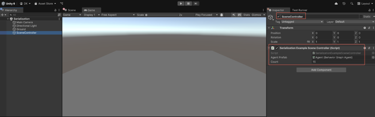 Inspector window with the SerializationExampleSceneController script