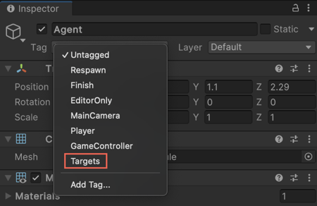 Tag value in the Inspector window