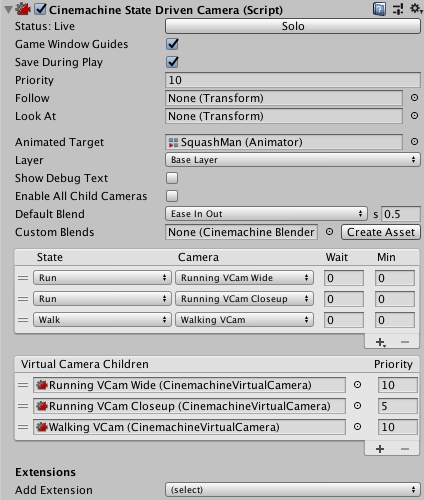 Properties for Cinemachine State-Driven camera