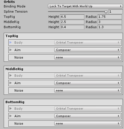 Cinemachine Free Look properties for spline, and the __Top__, __Middle__, and __Bottom__ rigs