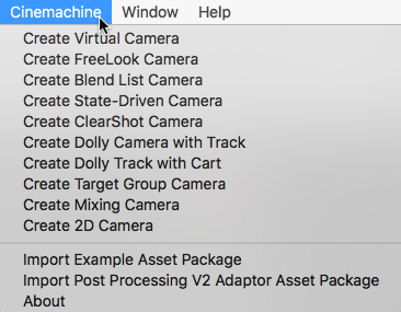 Cinemachine menu in the Unity Editor