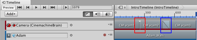 Cinemachine Shot Clips in Timeline, with a cut (red) and a blend (blue)