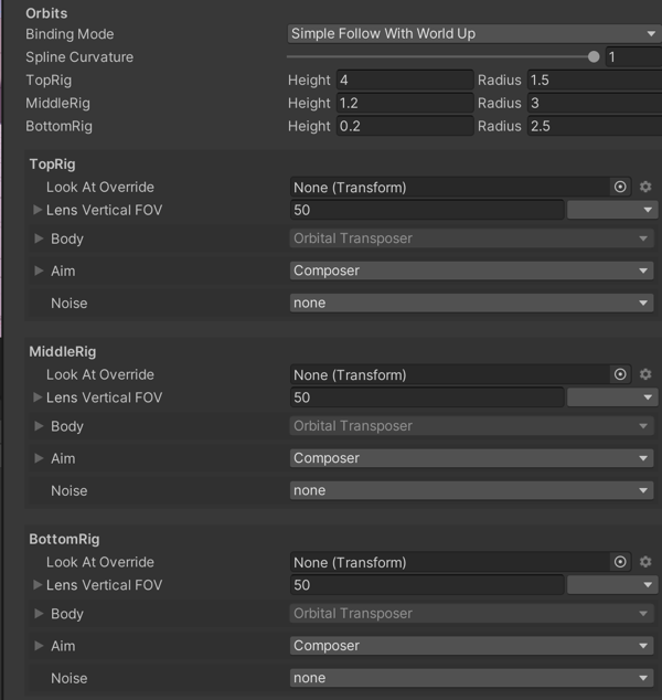 Cinemachine Free Look properties for spline, and the __Top__, __Middle__, and __Bottom__ rigs