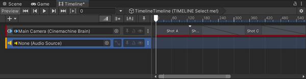 Cinemachine Shot Clips in Timeline, with a cut (red) and a blend (blue)