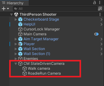 State-Driven camera with three child CinemachineCameras (red)