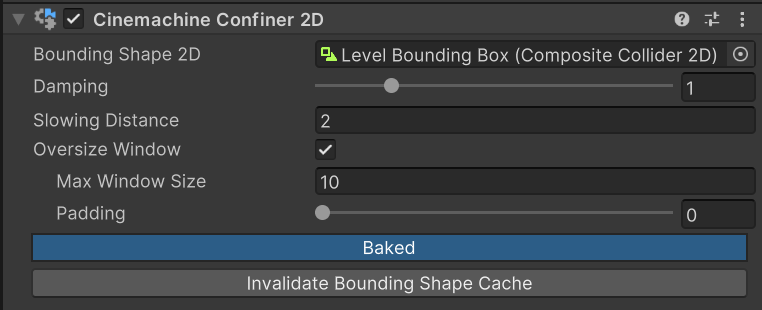 The Cinemachine Confiner 2D extension component and its properties in the Inspector.