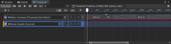 Example: Cinemachine Shot Clips in Timeline, with a cut between Shots A-B and a blend between Shots B-C.