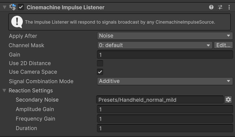 The Cinemachine Impulse Listener component and its properties in the Inspector.