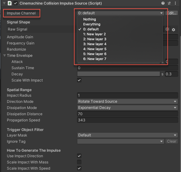 The Cinemachine Collision Impulse Source component in the Inspector, with an emphasis on the Impulse Channel property.