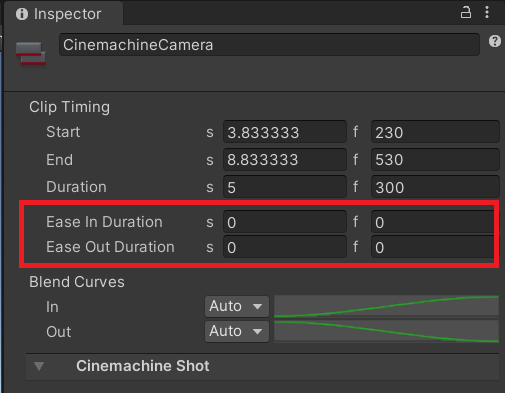 Cinemachine Shot Clip properties in the Inspector, with an emphasis on the Ease In Duration and Ease Out Duration properties.