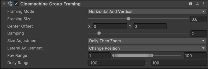 The Cinemachine Group Framing component and its properties in the Inspector.