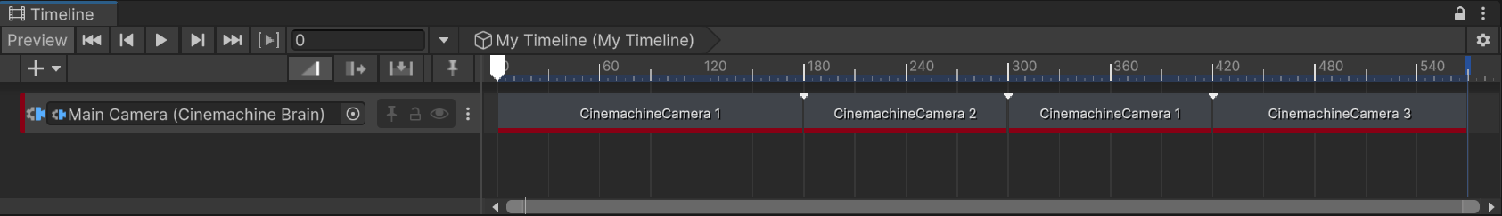 The Timeline window with a Cinemachine Track and several Cinemachine Shot Clips arranged side by side without overlaps.