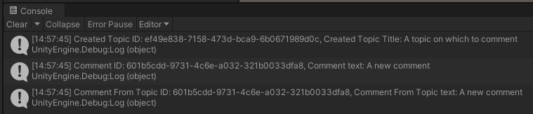 Screenshot of the console after successful comment creation