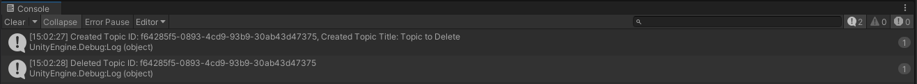 Screenshot of the console after the topic is deleted