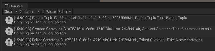 Screenshot of the console after the comment is edited