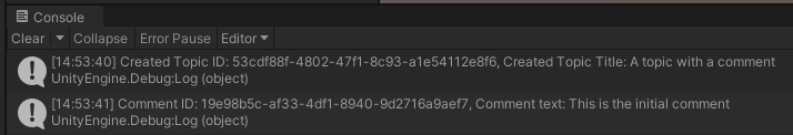 Screenshot of the console after successful topic creation with initial comment