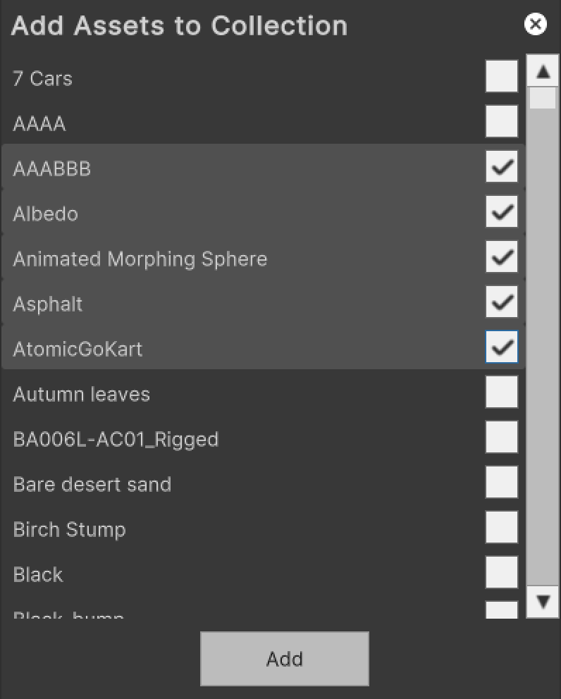 Screenshot of adding assets to collection popup