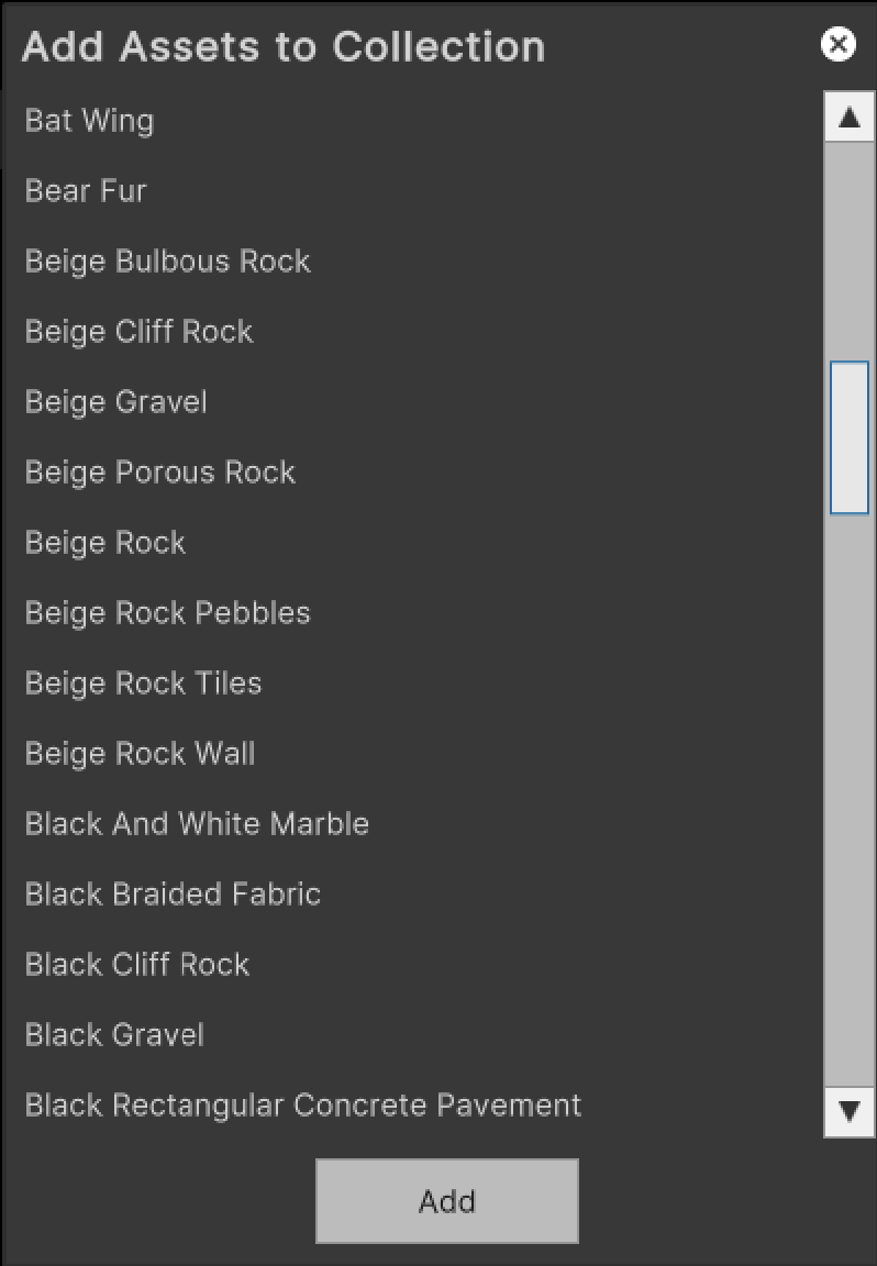 Screenshot of adding assets to collection popup