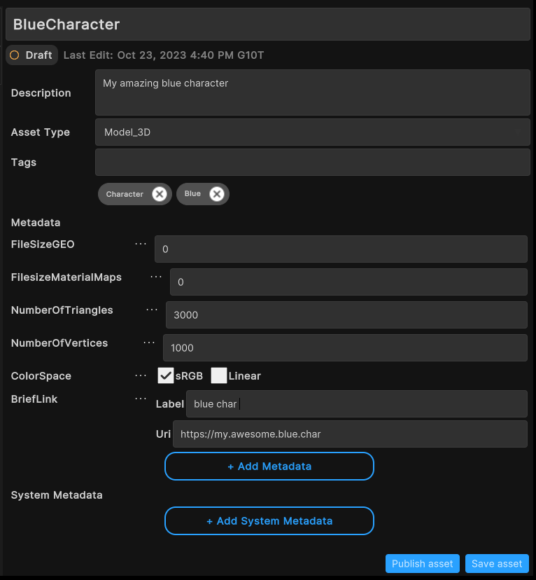 Screenshot of the asset edit panel