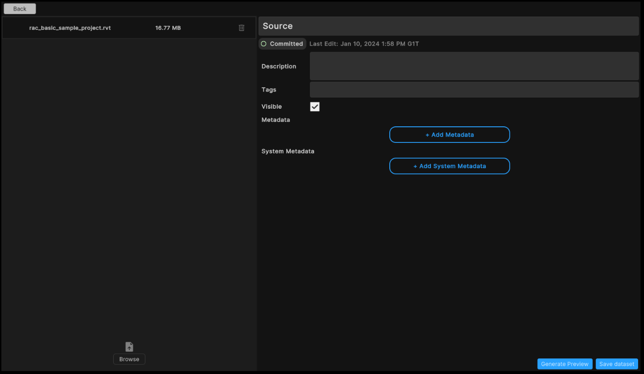 Screenshot of the dataset panel