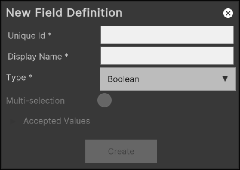 Screenshot of creating field definition popup