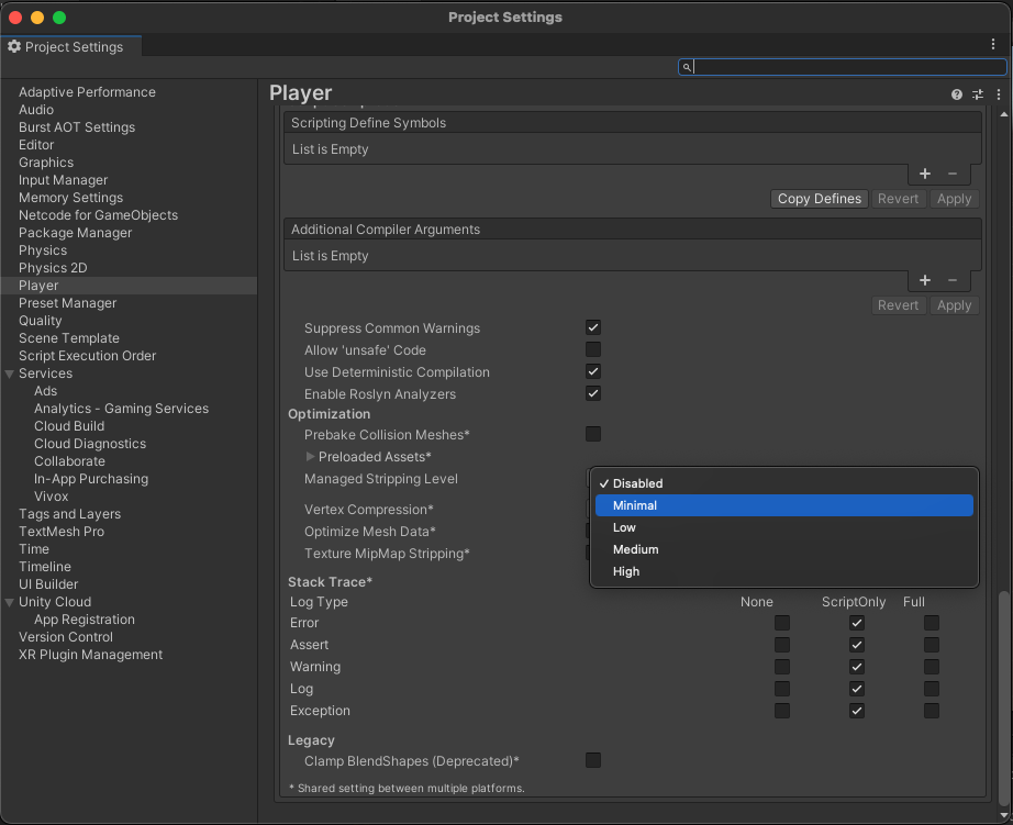 Managed Stripping Level dropdown